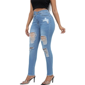 Jeans skinny a vita alta blu chiaro con strappi e dettagli usurati per donna alla moda
