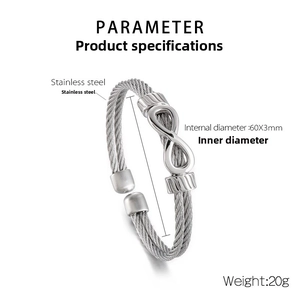 Detailed view of infinity steel wire bracelet showing 60x3mm inner diameter size