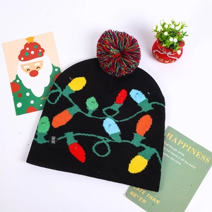 Detail of the LED knit Christmas hat featuring colored bulb patterns and a power switch