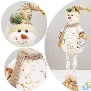 Detail view of telescopic Christmas snowman plush with gold foil print and knitted scarf