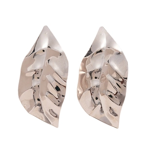 Metallic leaf drop earrings with natural textured finish and silver color plating