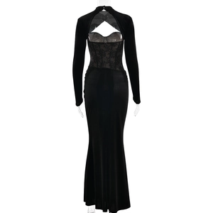 Detail of elegant black velvet dress featuring lace patchwork and back hollow-out design