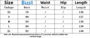 Size chart for the elegant backless long-sleeve beach dress with specific measurements