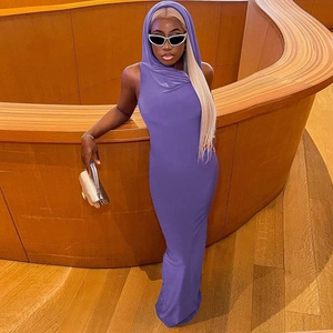 Detail of purple sleeveless hooded bodycon maxi dress featuring side slit and slim fit