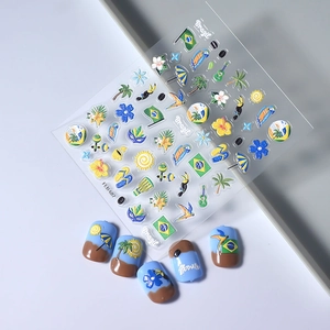 3D relief nail art stickers featuring Brazilian tropical motifs and palm tree patterns