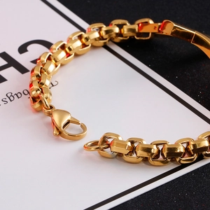 Polished gold square link titanium bracelet with lobster clasp for men in hip hop style