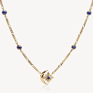 Collier vintage étoile et lune avec pierre bleue et plaquage en or véritable