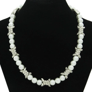 Detailed macro view of double-layer pearl and industrial wire mesh necklace on a mannequin