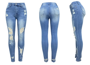 Detailed views of light blue slim-fit ripped jeans with distressed details and cat whisker effect