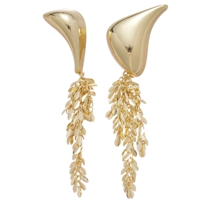 Glossy gold geometric tassel earrings with hanging leaf pendants in minimalist style
