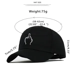 Detailed size chart for black cotton baseball cap showing measurements and head circumference