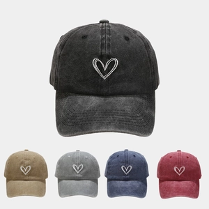Washed Cotton Baseball Cap Heart Embroidery Vintage British Style Adjustable Outdoor Sun Protection Women Men