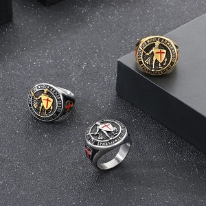 Men's retro stainless steel Knights Templar cross shield ring in gold and steel finishes