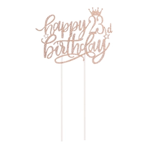 Detail von roségold glitzerndem Happy 23rd Birthday Tortenaufsatz mit Krone und Sternen