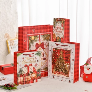 Christmas gift bags set featuring red plaid patterns and festive holiday illustrations