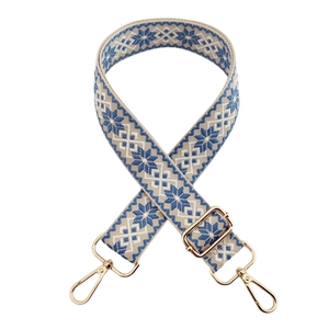 Close-up of jacquard woven strap with blue floral pattern and gold metal hardware