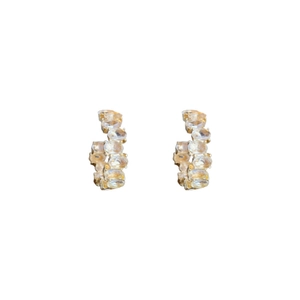 Elegant gold C-shaped hoop earrings featuring oval-cut cubic zirconia gemstones on white background