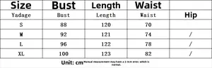 Size chart for women's printed maxi dress showing bust, waist, and length measurements
