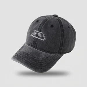 Washed dark grey denim baseball cap with white 3D embroidery and distressed brim
