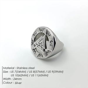 Vintage stainless steel signet ring for men featuring Nordic Valknut symbol and runes