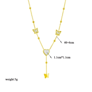 Elegant gold titanium necklace with white shell heart and butterfly pendant 40+6cm