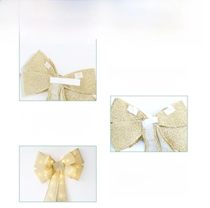 Three steps guide for installing golden LED Christmas bow with adhesive tape and velcro stickers