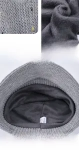 Detail of thick knit texture and soft plush lining for thermal winter beanie