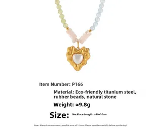 Detail view of the beaded necklace with 18k gold plated heart pendant and dimensions