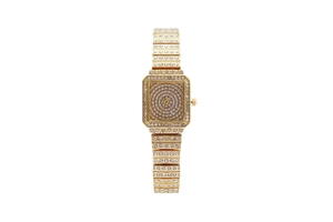 Detailed close-up of a square gold watch with sparkling rhinestones on the band and dial