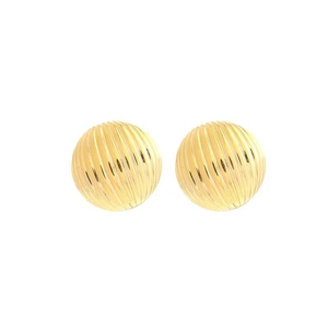 Minimalist gold pleated spherical stud earrings with vertical textured stripe design