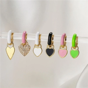 Heart Pendant Huggie Hoop Earrings Copper Colorful Enamel Rhinestone Pave Fashion Drip Oil Jewelry Women