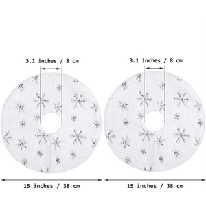 38cm mini white faux fur Christmas tree skirt with silver snowflakes and dimensions
