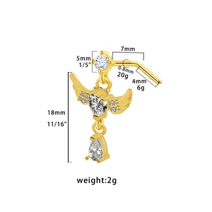 Golden heart wing nose stud with clear zircon and teardrop pendant 0.8mm 20G