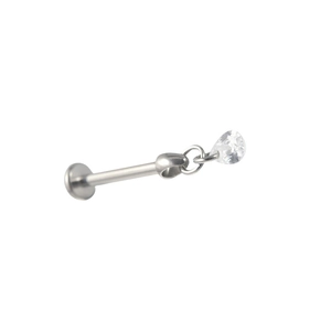 G23 titanium labret stud with dangling teardrop zircon pendant on white background