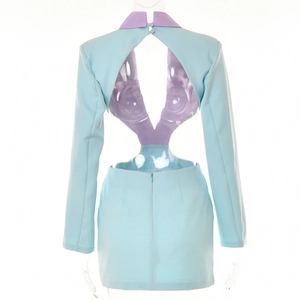 Detail of light blue long sleeve dress with purple back cutout and inner bodysuit