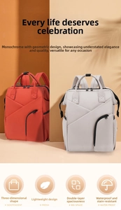 Close-up of waterproof mommy bags in orange and beige with geometric panel design