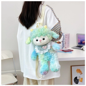 Rainbow gradient plush sheep backpack with lace collar shown on model's back