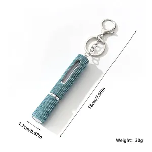 Portable blue rhinestone perfume bottle with keychain and silver metal lobster clasp