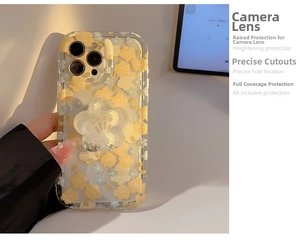 Detailed view of floral iPhone case with matching floral grip and camera protection