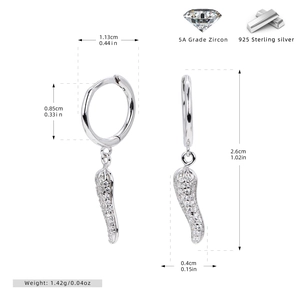 Macro view of S925 sterling silver chili earrings with dimensions and 5A zircon inlay
