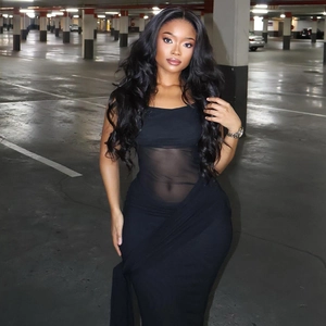 Slim fit black maxi dress with mesh waist inserts and crew neck for street style fashion