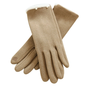 Khaki thermal touchscreen gloves for women with faux fur cuffs and elegant pearl accents
