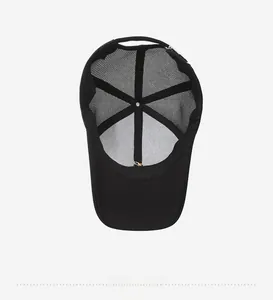 Internal view of black mesh baseball cap showing sweatband and high-quality lining