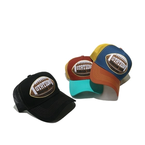 Three retro American trucker hats with rugby embroidery and breathable mesh backs