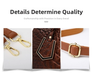 Detail shots of brown crocodile pattern tote with gold hardware and strap buckle