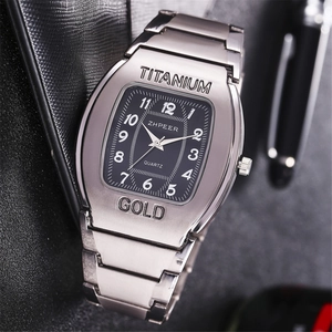 Men's silver tonneau steel quartz watch with black square dial and titanium engraving