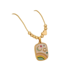 Gold stainless steel necklace with rainbow moon star pendant and enamel details