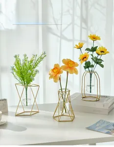 Detail of geometric gold metal frame with transparent glass tube for modern home decor