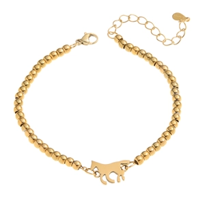 Detail of 18K gold plated stainless steel bead bracelet with horse charm and lobster clasp