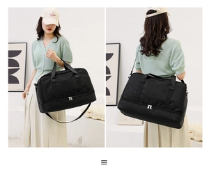 Large capacity travel bag in black with dry-wet separation layer and versatile carrying styles